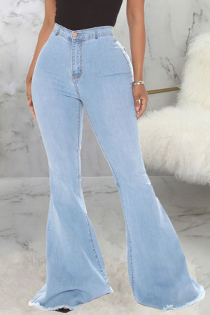 Baby Blue Fashion Street Solid High Waist Flare Leg Denim Jeans