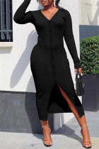 Vestidos casuais pretos sensuais com fenda e decote em V mangas compridas