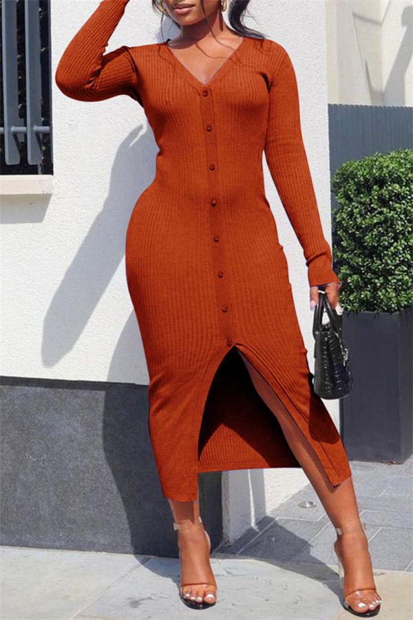 オレンジ セクシー カジュアル ソリッド スリット V ネック ロング スリーブ ドレス