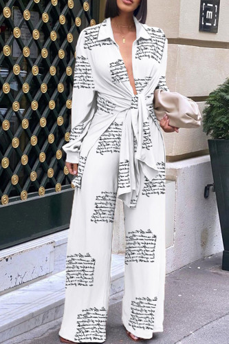 White Fashion Casual Print Bandage Turndown Collar Long Sleeve Two Pieces