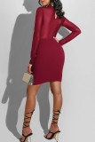 Burgundy Fashion Sexy Solid Patchwork O Neck One Step Skirt Dresses