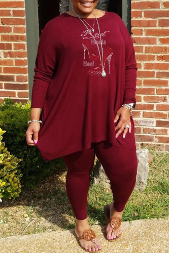 Burgundy Fashion Casual Hot Drilling Patchwork O Neck Plus Size Two Pieces