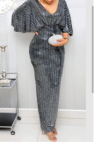 Graue elegante feste Pailletten Patchwork Hot Drill V-Ausschnitt Abendkleid Kleider
