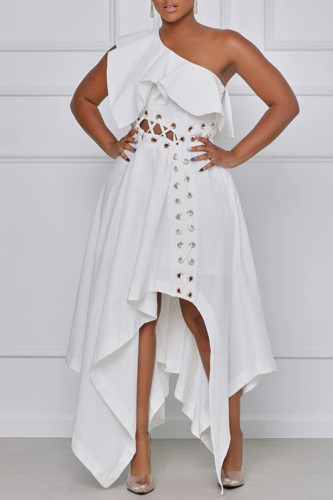 ホワイトセクシーカジュアルプラスサイズソリッドバックレス斜め襟不規則なドレス