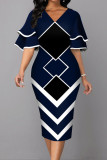 チベット ブルー ファッション ストリート プリント パッチワーク V ネック ワン ステップ スカート ドレス