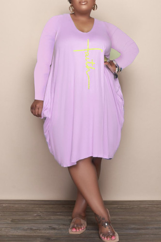 Пурпурные повседневные платья с принтом в стиле пэчворк с длинным рукавом и U-образным вырезом больших размеров