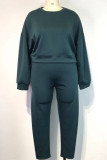 Ink Green Fashion Casual Solid Basic O Neck Plus Size Two Pieces