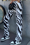 Черно-белый повседневный уличный принт в стиле пэчворк Прямые прямые брюки с высокой талией и сплошным принтом