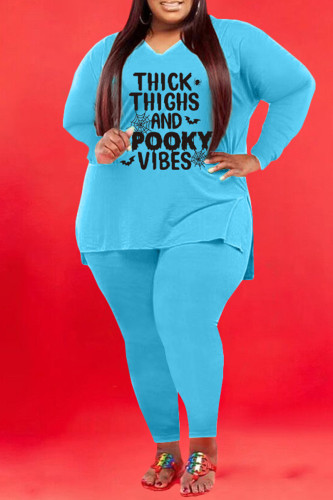 Light Blue Fashion Casual Letter Print Basic V Neck Plus Size Two Pieces