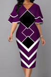 Dark Purple Fashion Street Print Patchwork V-hals One Step Skirt Jurken