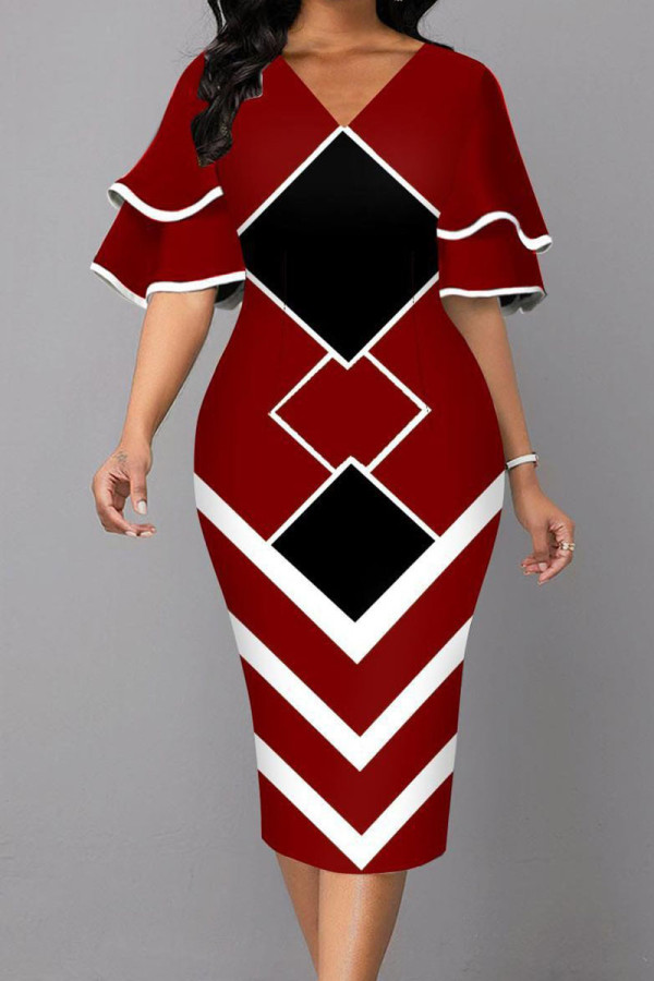 Vestidos de falda de un paso con cuello en V y patchwork con estampado de calle de moda rojo