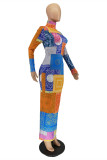 Многоцветный модный повседневный принт Базовая водолазка с длинным рукавом платья