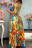 Multicolor Fashion Casual Print Basic V-Ausschnitt Langarm-Kleider