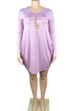 Purple Casual Print Patchwork U Neck Long Sleeve Plus Size Dresses