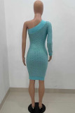 Sky Blue Fashion Sexy Solid Patchwork One Shoulder One Step Skirt Dresses