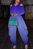 Macacão azul fashion casual com estampa de mudança gradual vazada decote em V