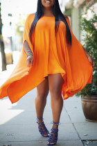 Оранжевое модное повседневное однотонное платье с открытыми плечами и рукавом «летучая мышь» неправильной формы