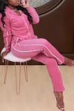Pink Casual Solid Patchwork Asymmetrical Hooded Collar Long Sleeve Two Pieces