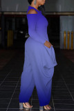 Macacão azul fashion casual com estampa de mudança gradual vazada decote em V
