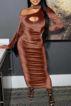 Vestidos de falda de un solo paso con cuello en O de patchwork liso sexy de moda marrón