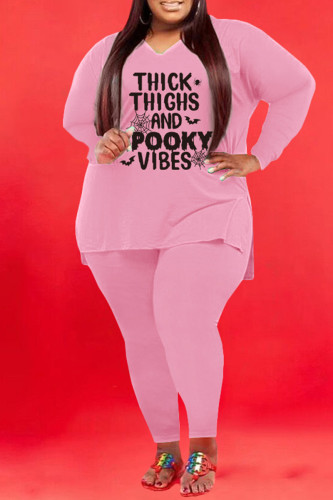 Pink Fashion Casual Letter Print Basic V Neck Plus Size Two Pieces