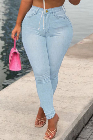 Baby Blue Fashion Street Solid Denim Jeans