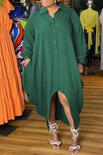 Grönt mode Elegant Solid Patchwork Turndown Krage Oregelbunden klänning Plus Size Klänningar