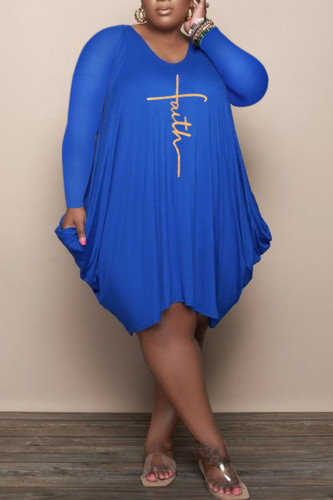 Синие повседневные платья с принтом в стиле пэчворк с длинным рукавом и U-образным вырезом больших размеров