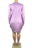 Robes violettes décontractées imprimées patchwork col en U manches longues grande taille
