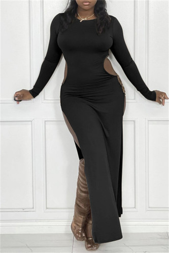 Black Sexy Casual Solid Hollowed Out Slit O Neck Long Sleeve Dresses
