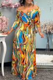 Vestidos de manga comprida com estampa casual moda multicolorida básica decote em V