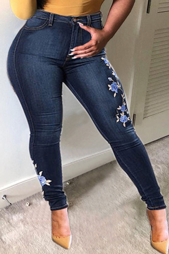 Dark Blue Fashion Street Embroidery Print Patchwork High Waist Skinny Denim Jeans