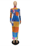 Vestidos de manga comprida com estampa casual moda multicolorida básica gola alta