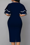 チベット ブルー ファッション ストリート プリント パッチワーク V ネック ワン ステップ スカート ドレス