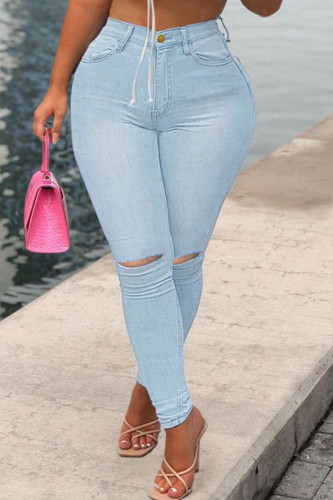 Baby Blue Fashion Street Solide zerrissene Jeans mit hoher Taille
