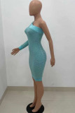Sky Blue Fashion Sexy Solid Patchwork One Shoulder One Step Skirt Dresses