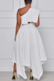 ホワイトセクシーカジュアルプラスサイズソリッドバックレス斜め襟不規則なドレス