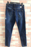 Mörkblå Fashion Street Broderi Patchwork Jeans med hög midja