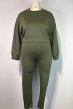 Ink Green Fashion Casual Solid Basic O Neck Plus Size Two Pieces