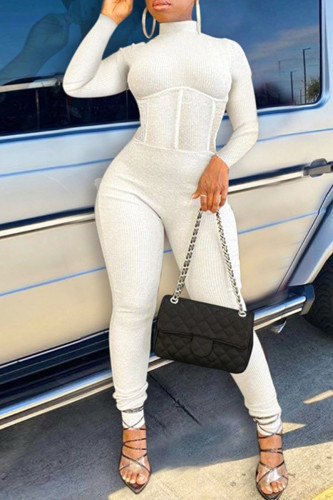 White Sexy Casual Solid Backless Turtleneck Skinny Jumpsuits