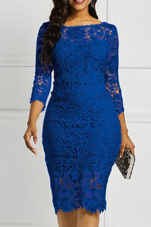 Färgglada blå sexiga solid spets O-hals oregelbunden klänning klänningar