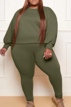 Army Green Fashion Casual Solid Basic O-Ausschnitt Plus Size Two Pieces