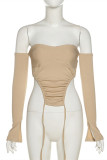 Khaki Sexy Casual Solid Backless Asymmetrical Off the Shoulder Tops