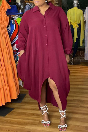Бордовое модное элегантное однотонное лоскутное платье с отложным воротником и нерегулярным платьем Платья больших размеров