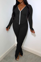 Black Casual Solid Split Joint Zipper Collar Long Sleeve Two Pieces