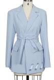 Prendas de abrigo de cuello vuelto con botones de patchwork liso elegante casual azul cielo