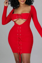 Red Sexy Solid Hollowed Out Patchwork Frenulum V Neck Pencil Skirt Dresses