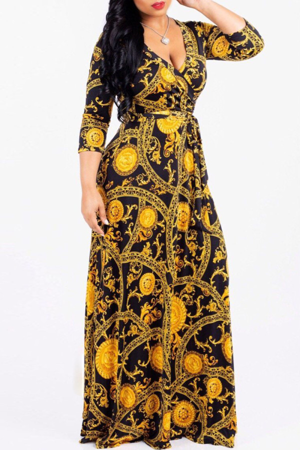 Золотые модные повседневные платья с принтом и V-образным вырезом с длинным рукавом