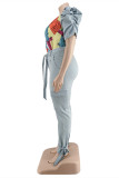 Baby Blue Fashion Casual Print Patchwork V Neck Plus Size Two Pieces