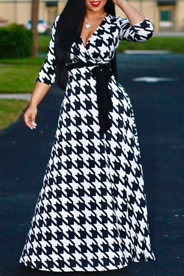 Черно-белые модные повседневные платья с принтом и V-образным вырезом с длинным рукавом